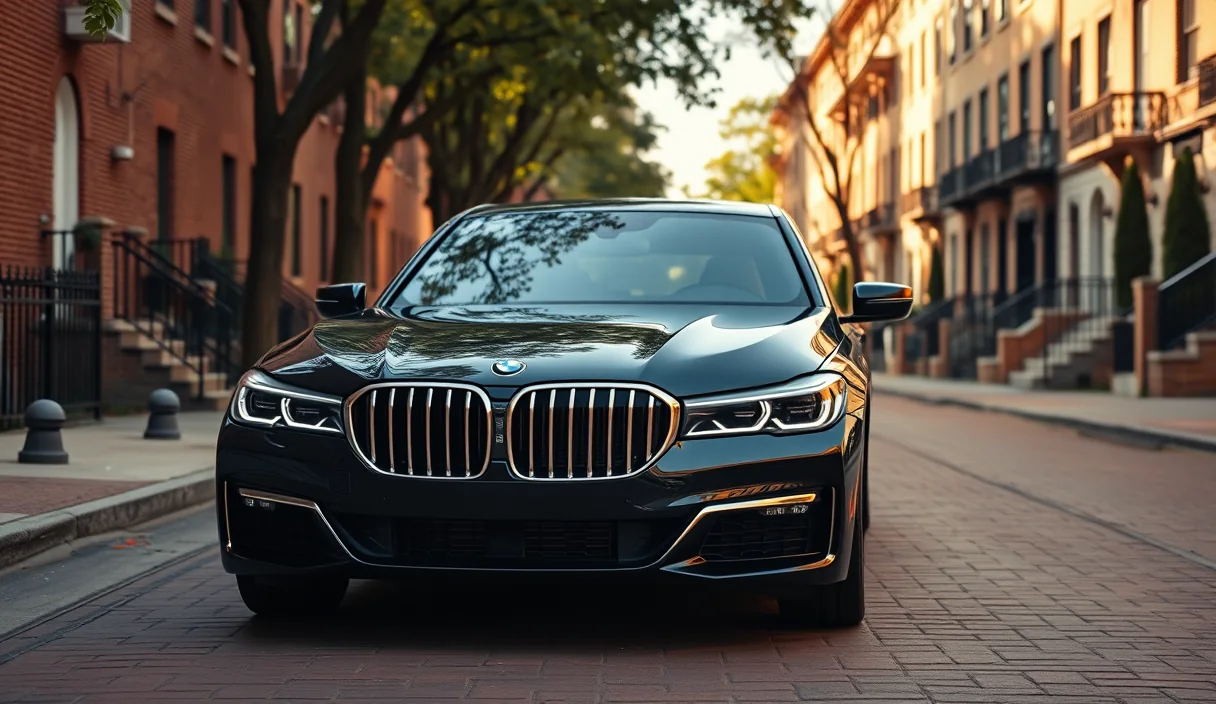 Black sedan waiting on a tree-lined street of brick townhouses in soft late-afternoon light